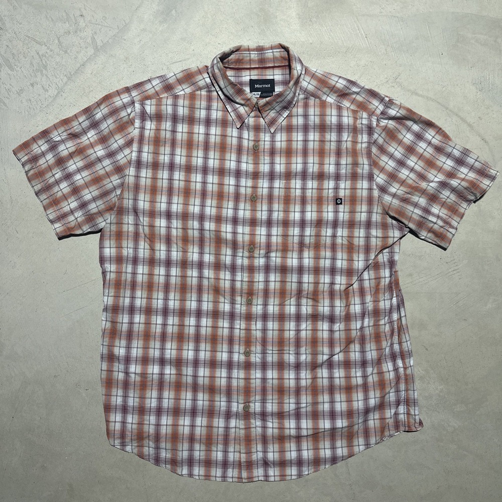 Marmot Nylon Short Sleeve Button Shirt Men's SZ XL Orange Red Blue Plaid Hiking
